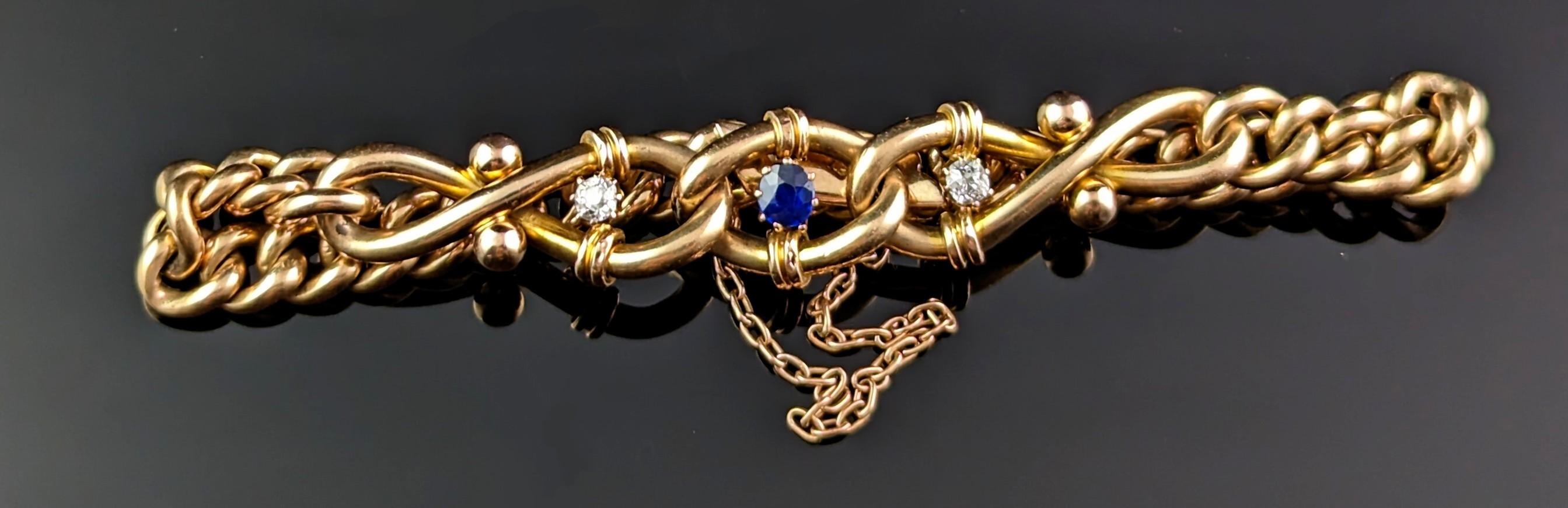 Antique Sapphire and Diamond Bracelet, Curb Link, 15k Gold For Sale 1