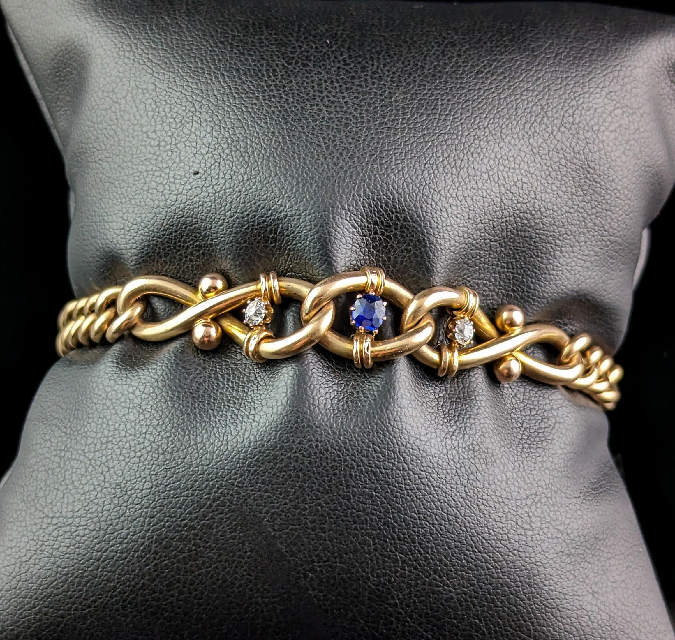 Antique Sapphire and Diamond Bracelet, Curb Link, 15k Gold For Sale 2
