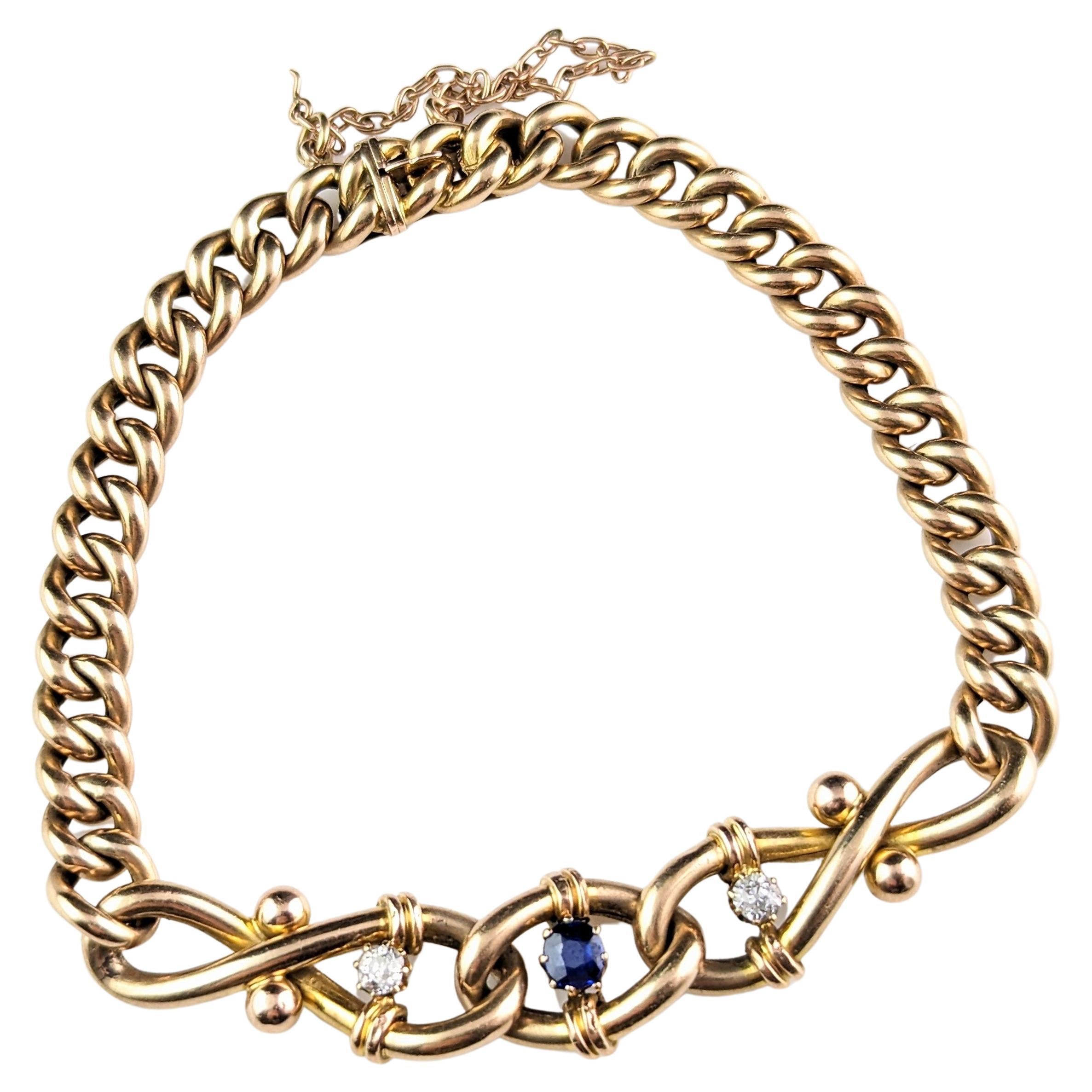 Antique Sapphire and Diamond Bracelet, Curb Link, 15k Gold