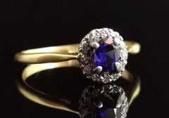 Antique Sapphire and Diamond Cluster Ring, 18 Karat Yellow Gold, Edwardian
