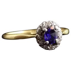 Antique Sapphire and Diamond Cluster Ring, 18 Karat Yellow Gold, Edwardian