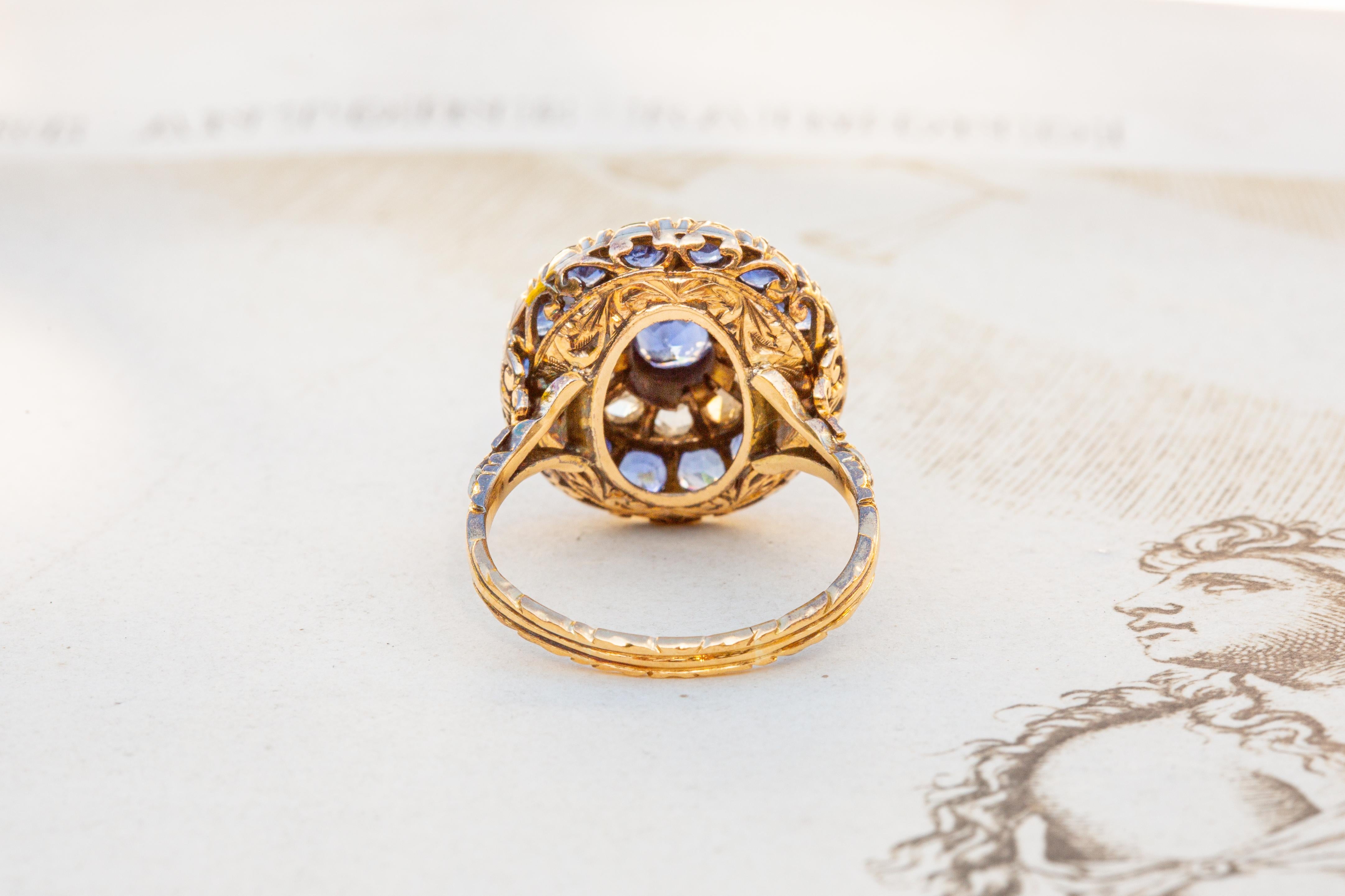 Antique Cushion Cut Antique Sapphire and Diamond Cluster Ring Dutch Georgian Style Ring Early 20th