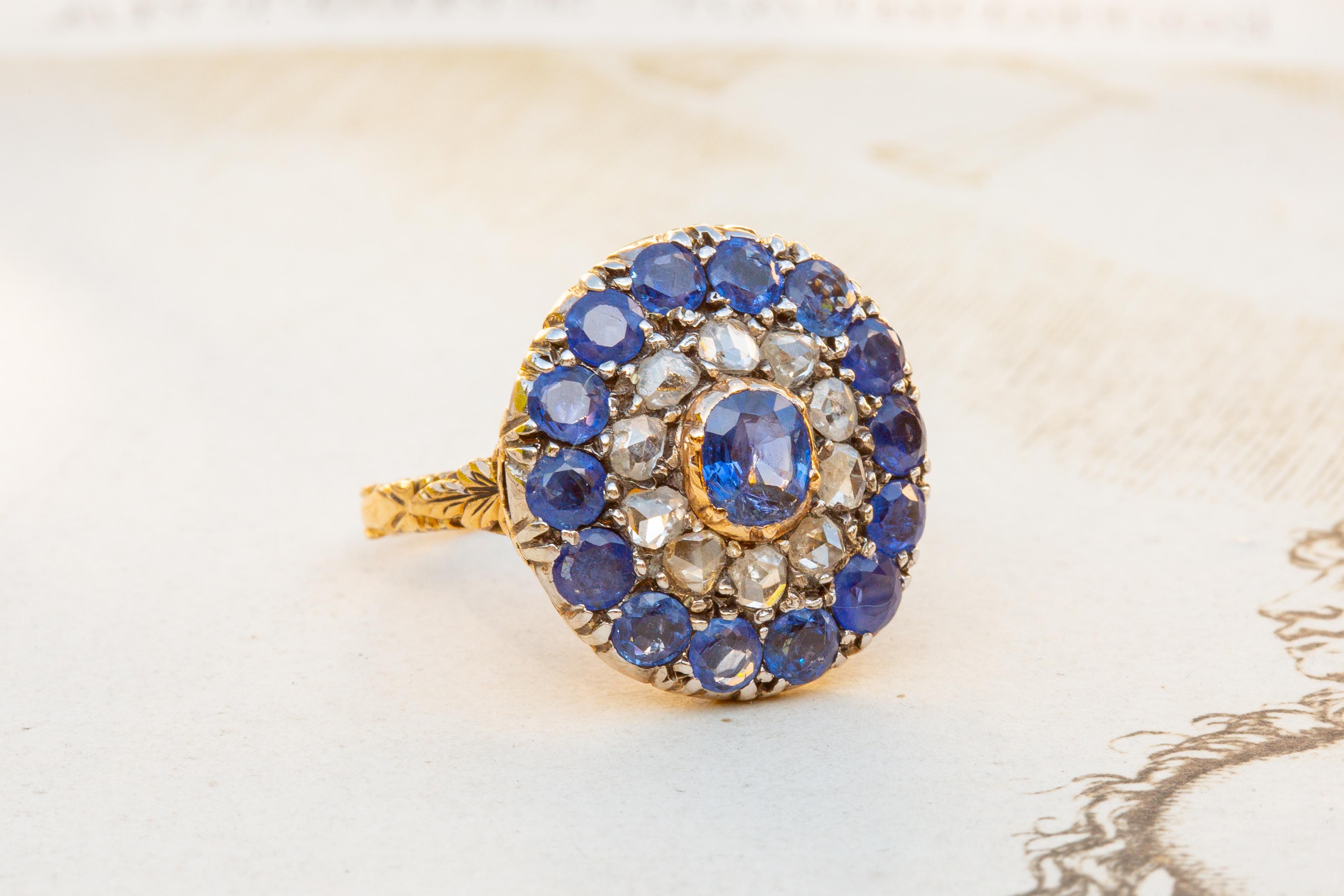 Women's or Men's Antique Sapphire and Diamond Cluster Ring Dutch Georgian Style Ring Early 20th