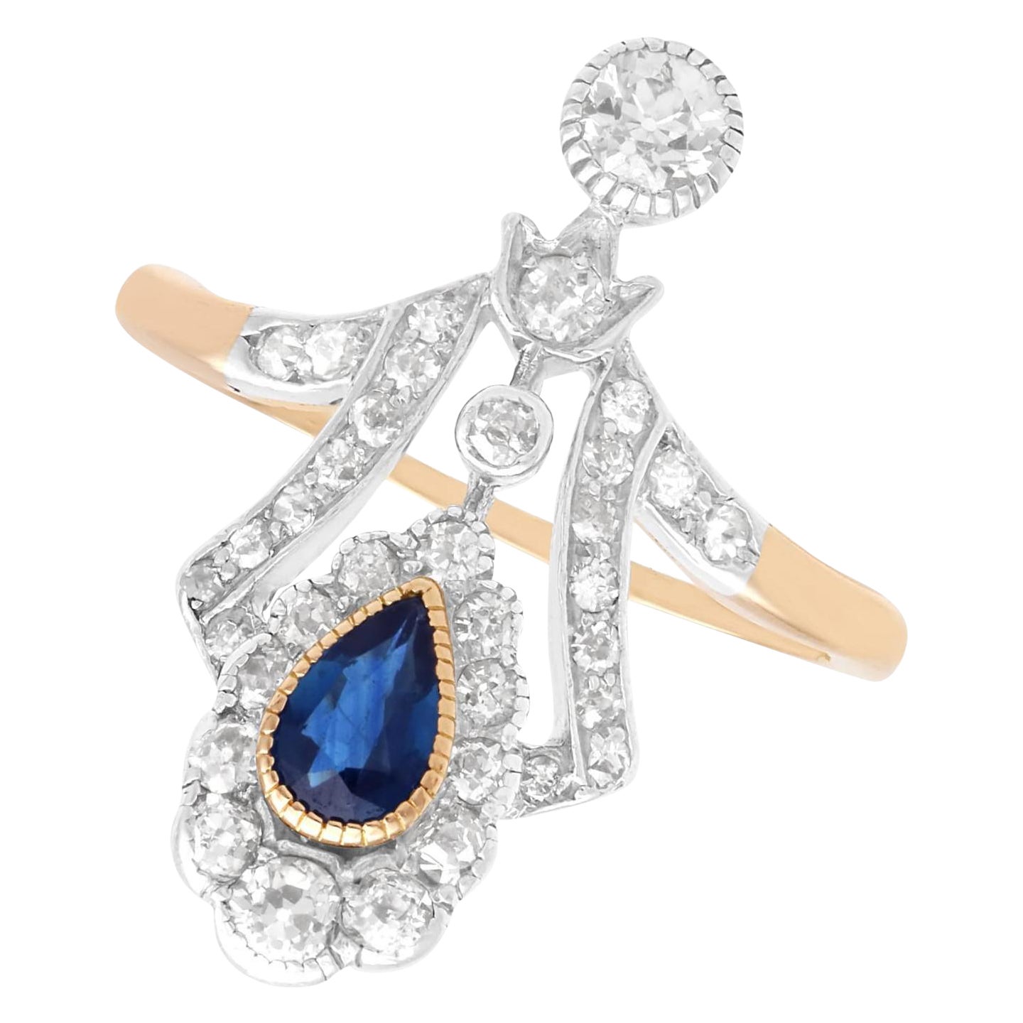 Bague ancienne en or rose 14 carats avec saphir de 0,50 carat et diamant de 0,84 carat, c. 1890 en vente