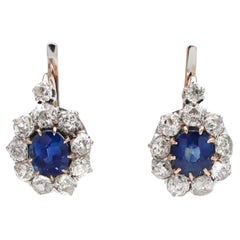 Antique Sapphire and Diamond Coronet Cluster Drop Earrings in Platinum and Gold