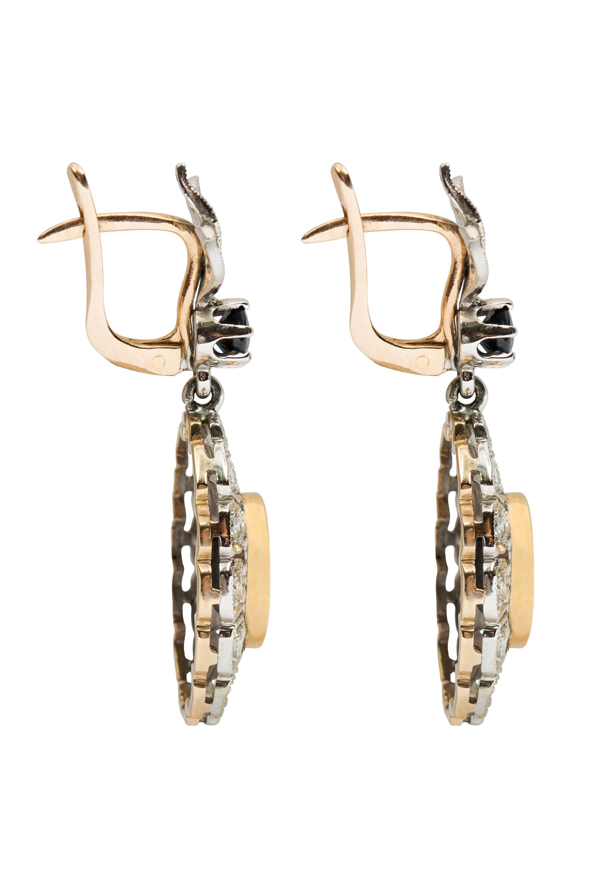 Oval Cut Antique Sapphire and Diamond Drop Earrings For Sale