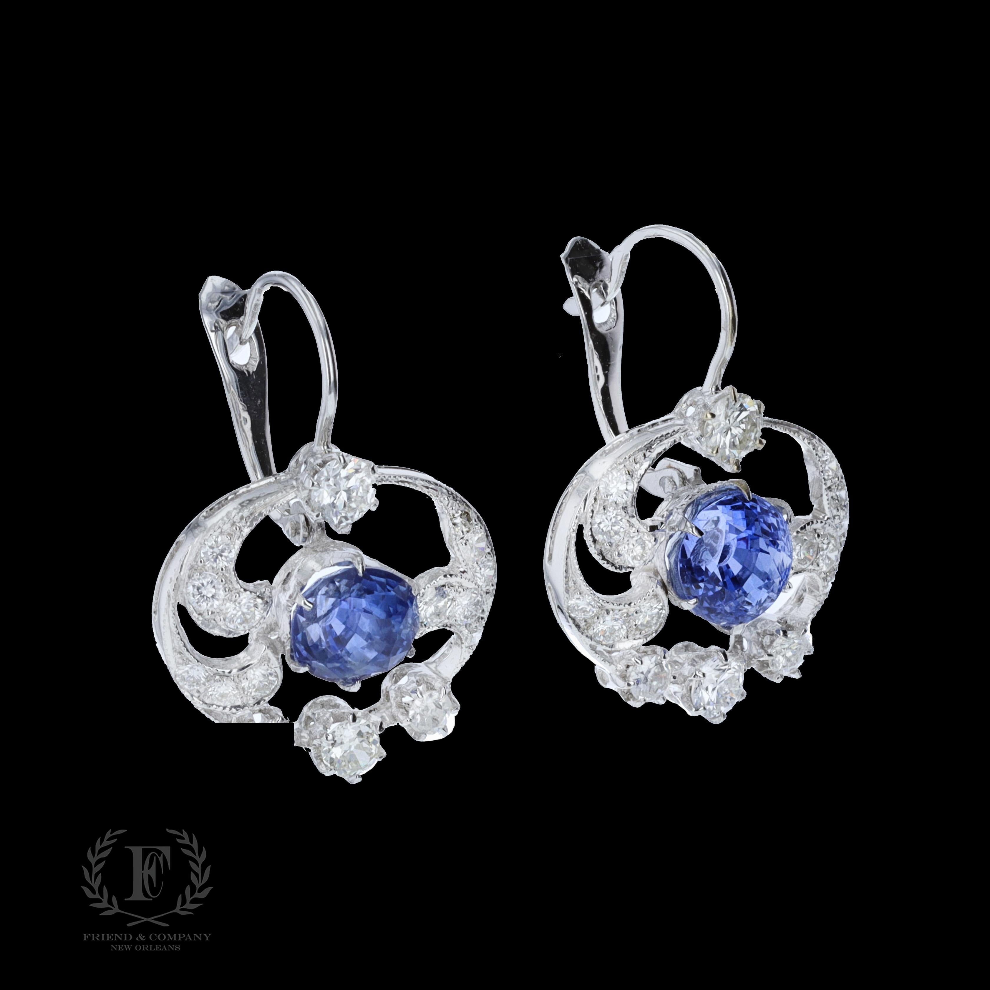 Round Cut Antique Sapphire and Diamond Drop Earrings For Sale