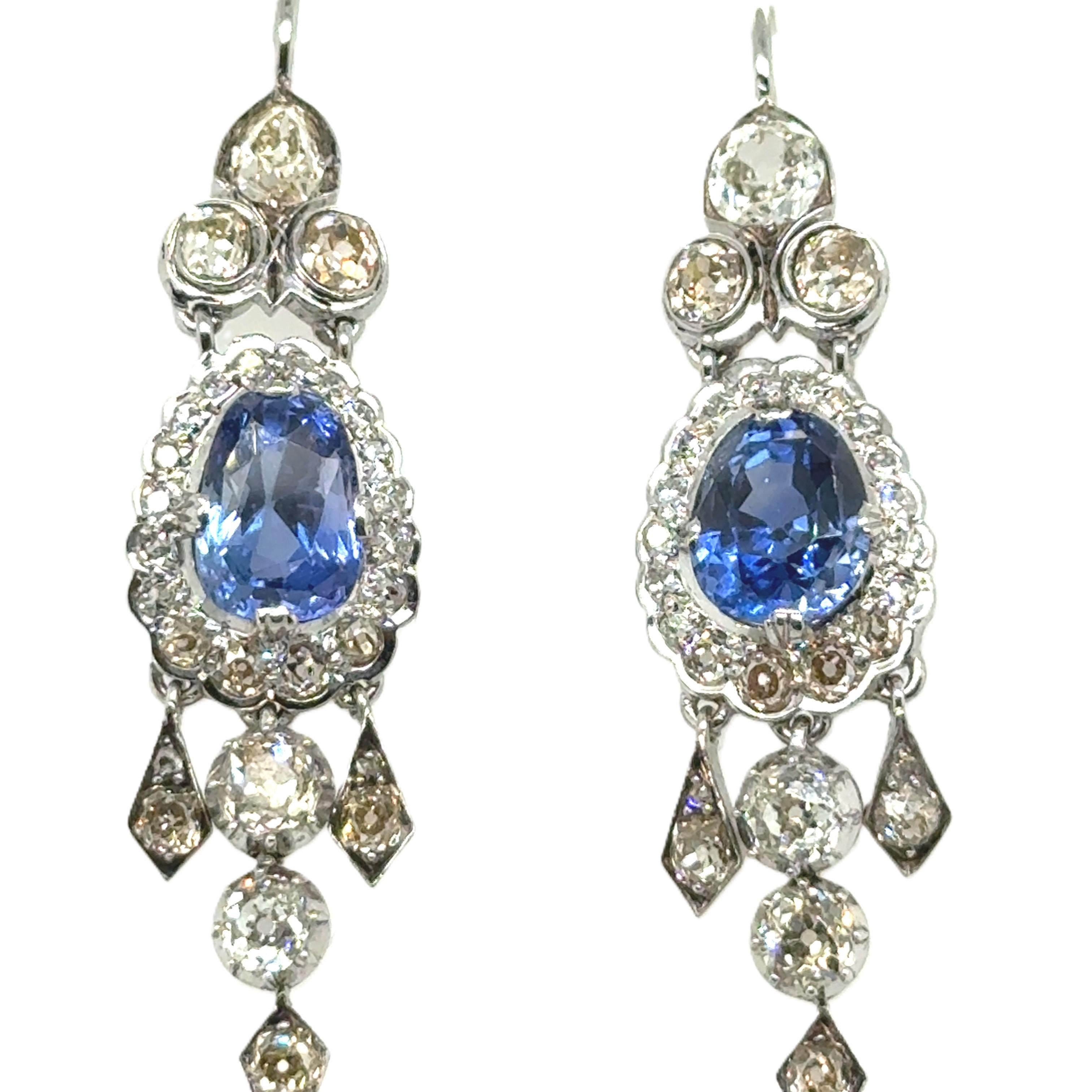 Antike Saphir- und Diamanttropfen-Ohrringe aus Platin, zertifiziert von Gübelin im Angebot 9