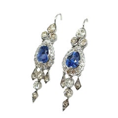 Antique Sapphire and Diamond Drop Earrings in Platinum Certified by Gübelin