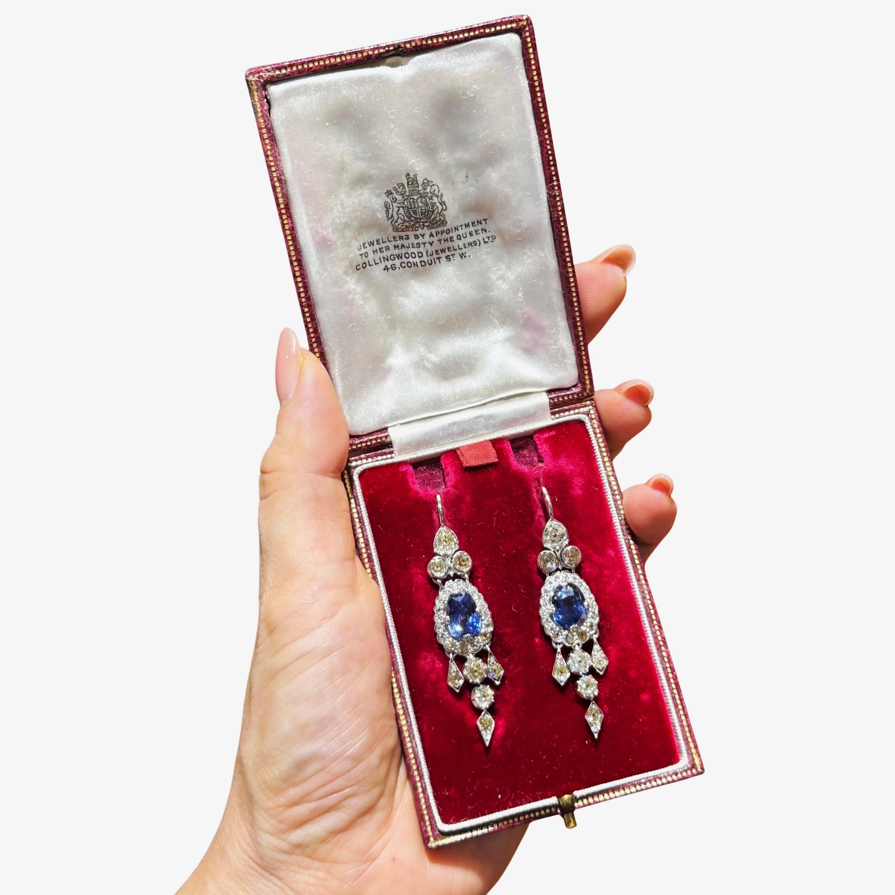 Antike Saphir- und Diamanttropfen-Ohrringe aus Platin, zertifiziert von Gübelin im Zustand „Gut“ im Angebot in Lucerne, CH