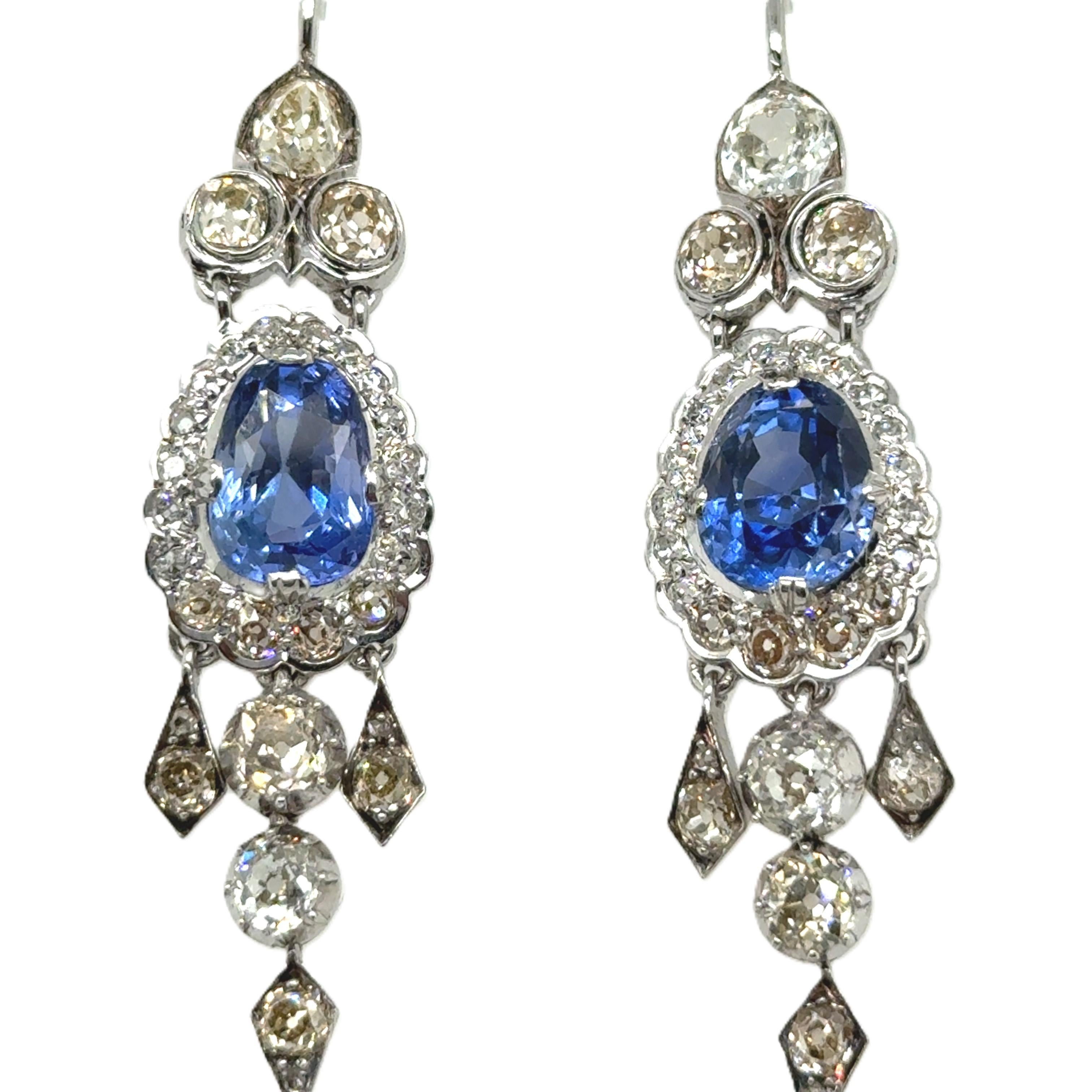 Antike Saphir- und Diamanttropfen-Ohrringe aus Platin, zertifiziert von Gübelin im Angebot 1