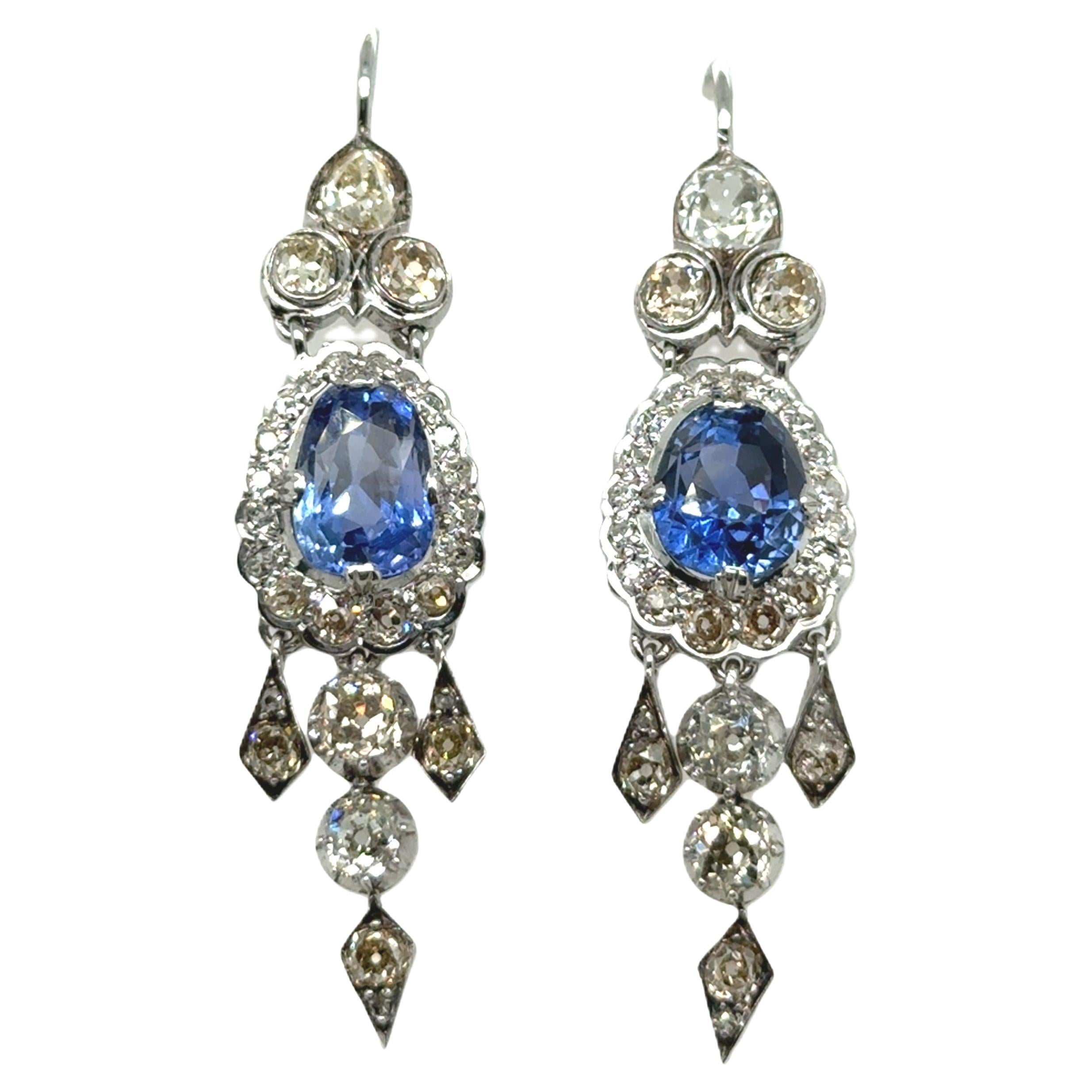 Antike Saphir- und Diamanttropfen-Ohrringe aus Platin, zertifiziert von Gübelin im Angebot