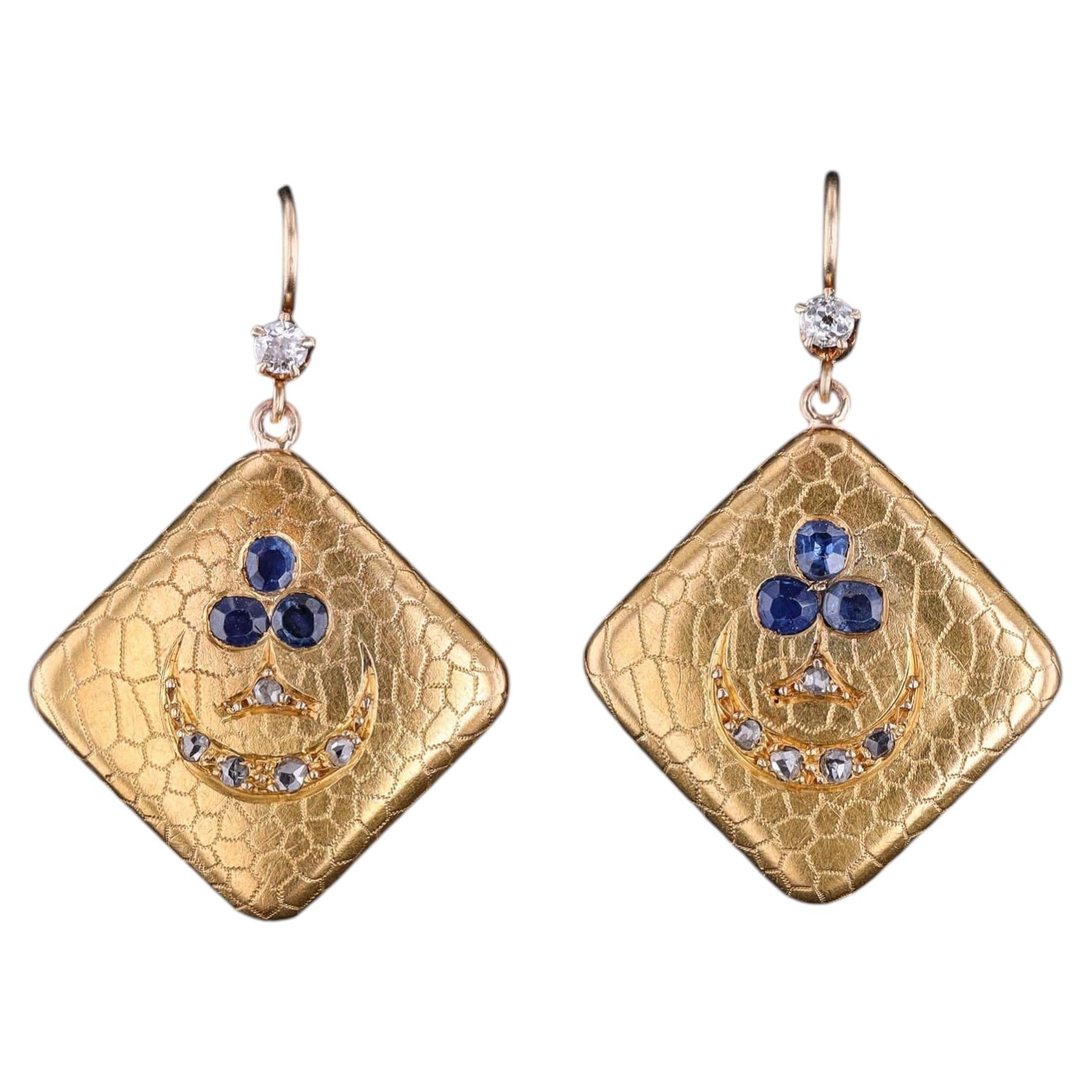 Antique Sapphire and Diamond Earrings of 18k Gold, Circa 1890 For Sale