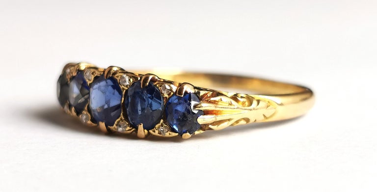Antique Sapphire and diamond five stone ring, 18k gold, Victorian  For Sale 9