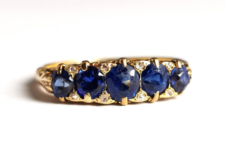Antique Sapphire and diamond five stone ring, 18k gold, Victorian  For Sale 10