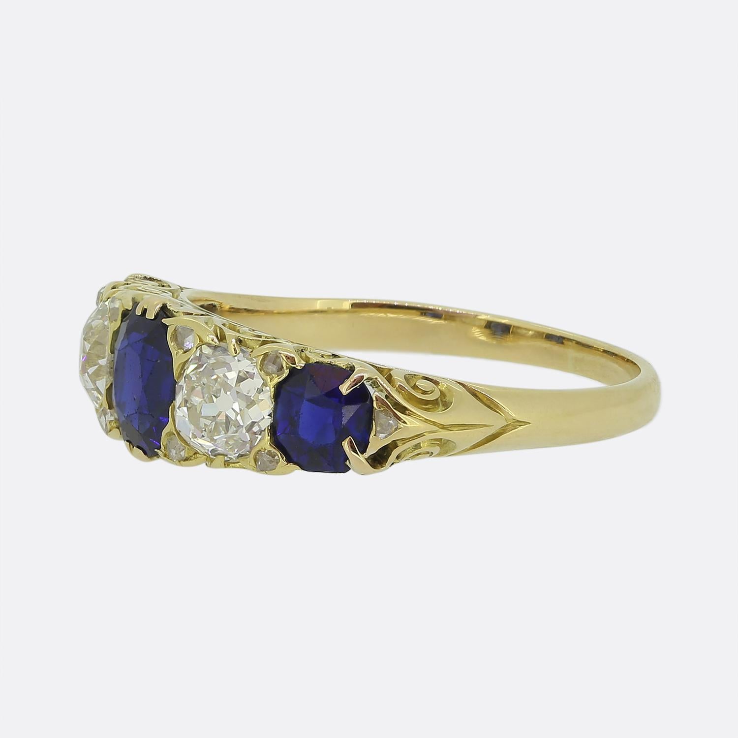 Oval Cut Antique Sapphire and Diamond Five Stone Ring For Sale