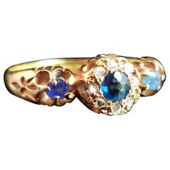 Antique Sapphire and Diamond Floral Cluster Ring, 18k Gold, Edwardian Antique Sapphire and Diamond Floral Cluster Ring, 18k Gold, Edwardian