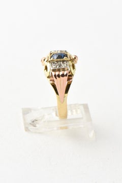 Antique Victorian Sapphire and Diamond Tricolor Yellow Rose White Gold Ring