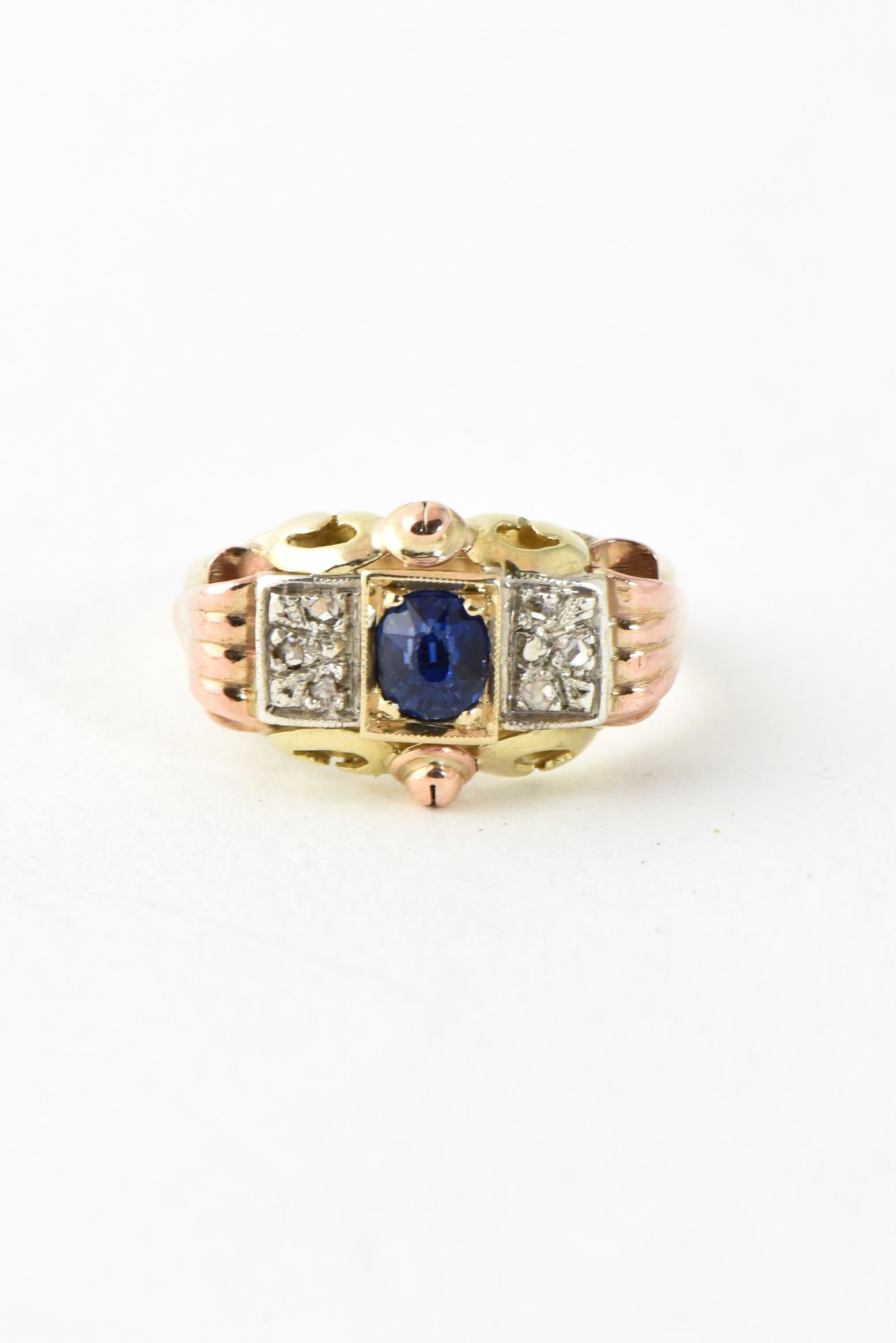 Antique Victorian Sapphire and Diamond Tricolor Yellow Rose White Gold Ring In Good Condition For Sale In Miami Beach, FL