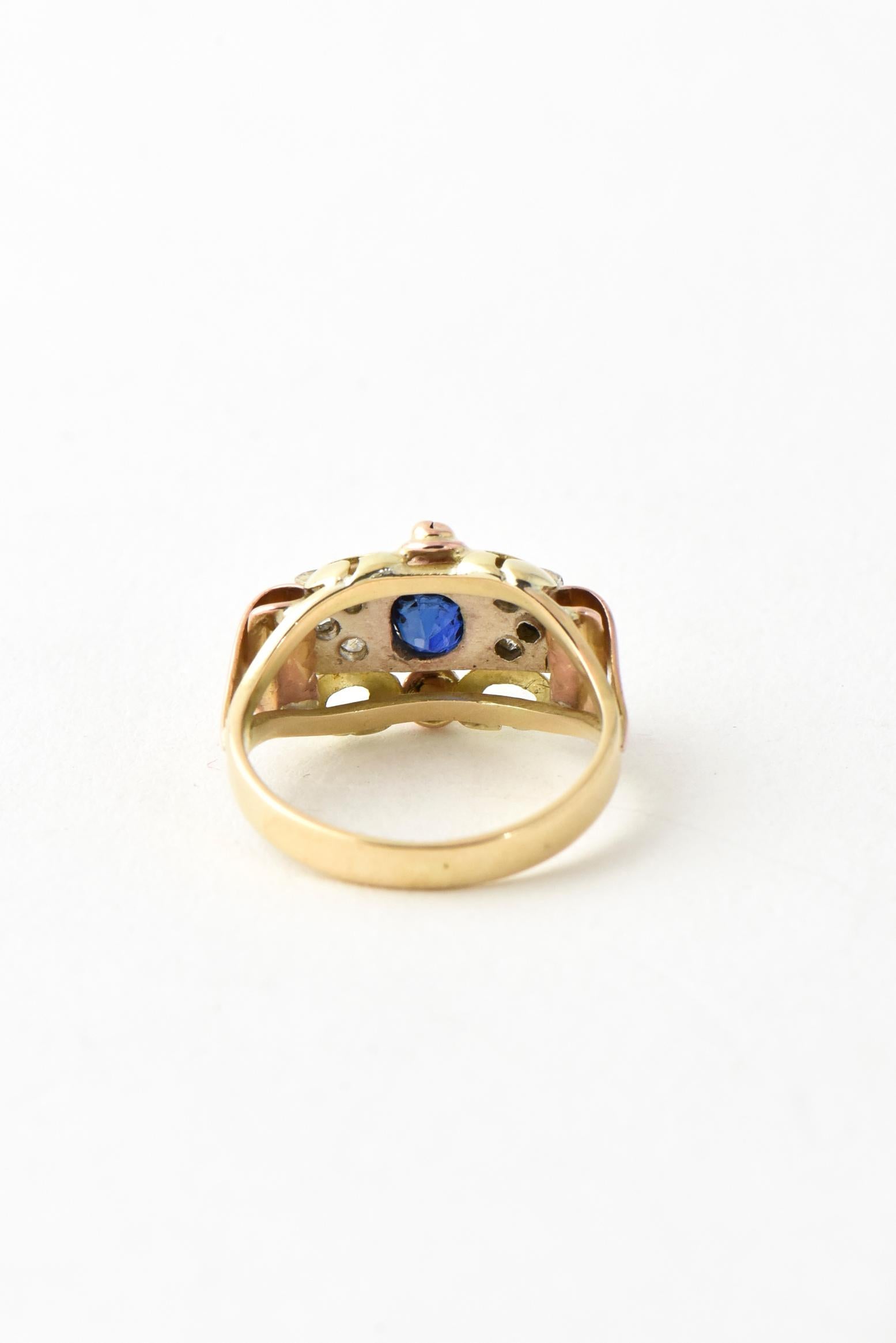 Women's or Men's Antique Victorian Sapphire and Diamond Tricolor Yellow Rose White Gold Ring For Sale