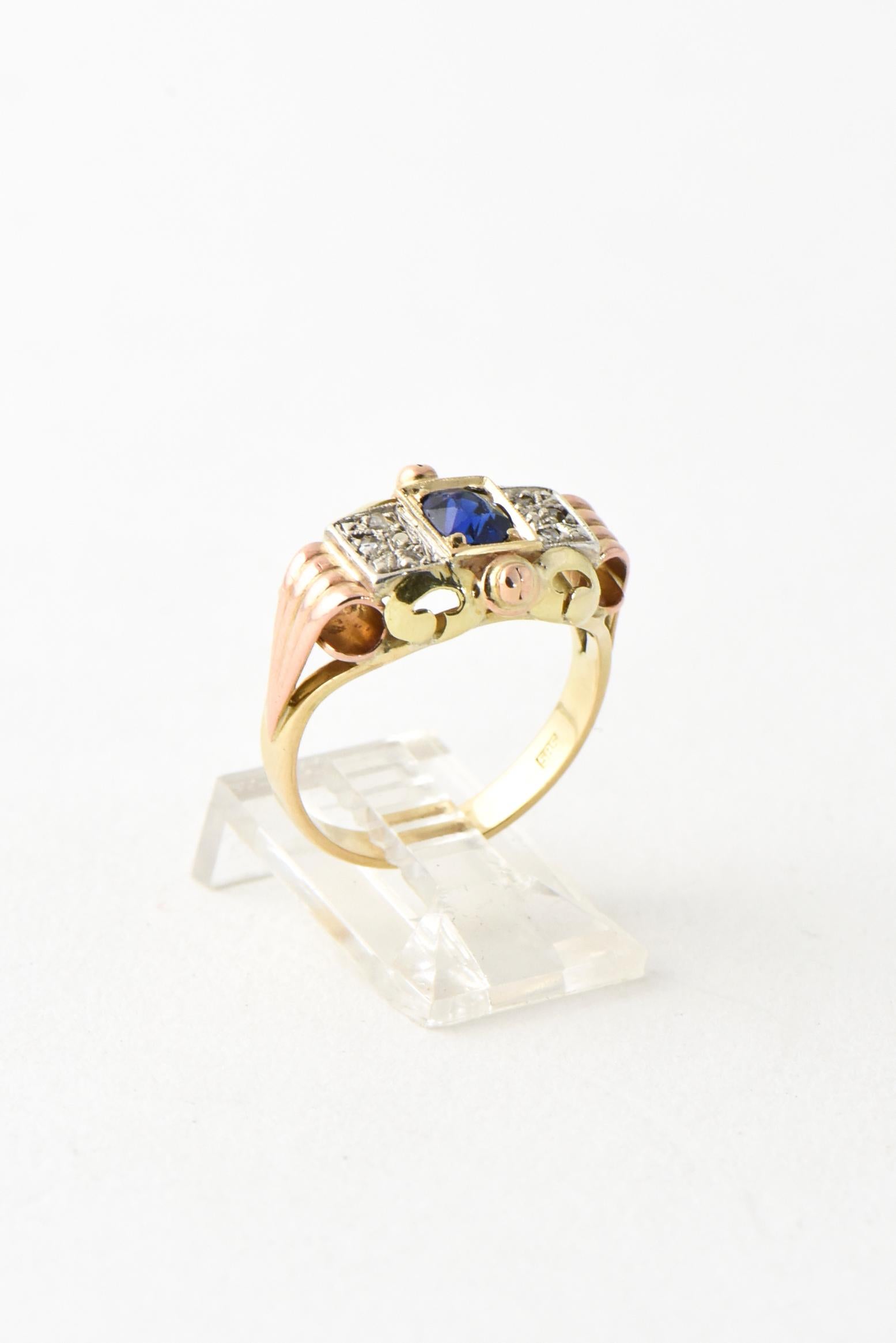Antique Victorian Sapphire and Diamond Tricolor Yellow Rose White Gold Ring For Sale 2