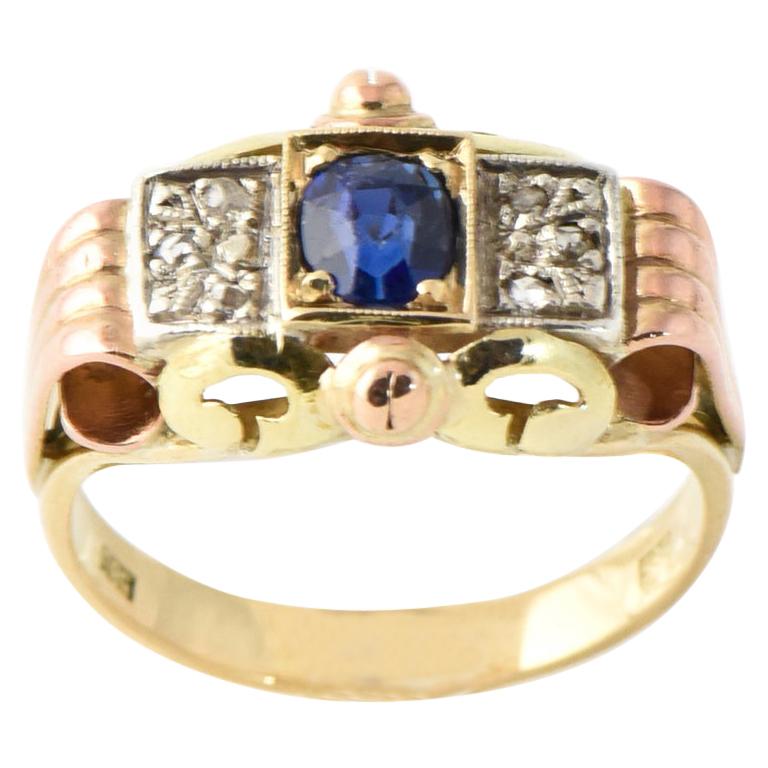 Antico anello vittoriano in oro giallo rosa bianco con zaffiro e diamante tricolore in vendita