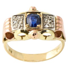 Antiguo Anillo Victoriano Tricolor de Zafiro y Diamantes en Oro Blanco Rosa Amarillo