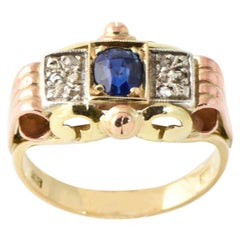 Antique Victorian Sapphire and Diamond Tricolor Yellow Rose White Gold Ring