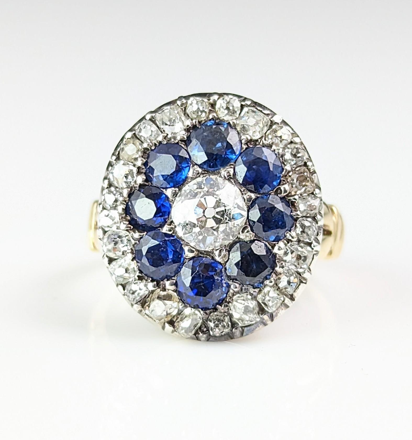 Antique Sapphire and Diamond halo ring, 9k gold, Edwardian  For Sale 4