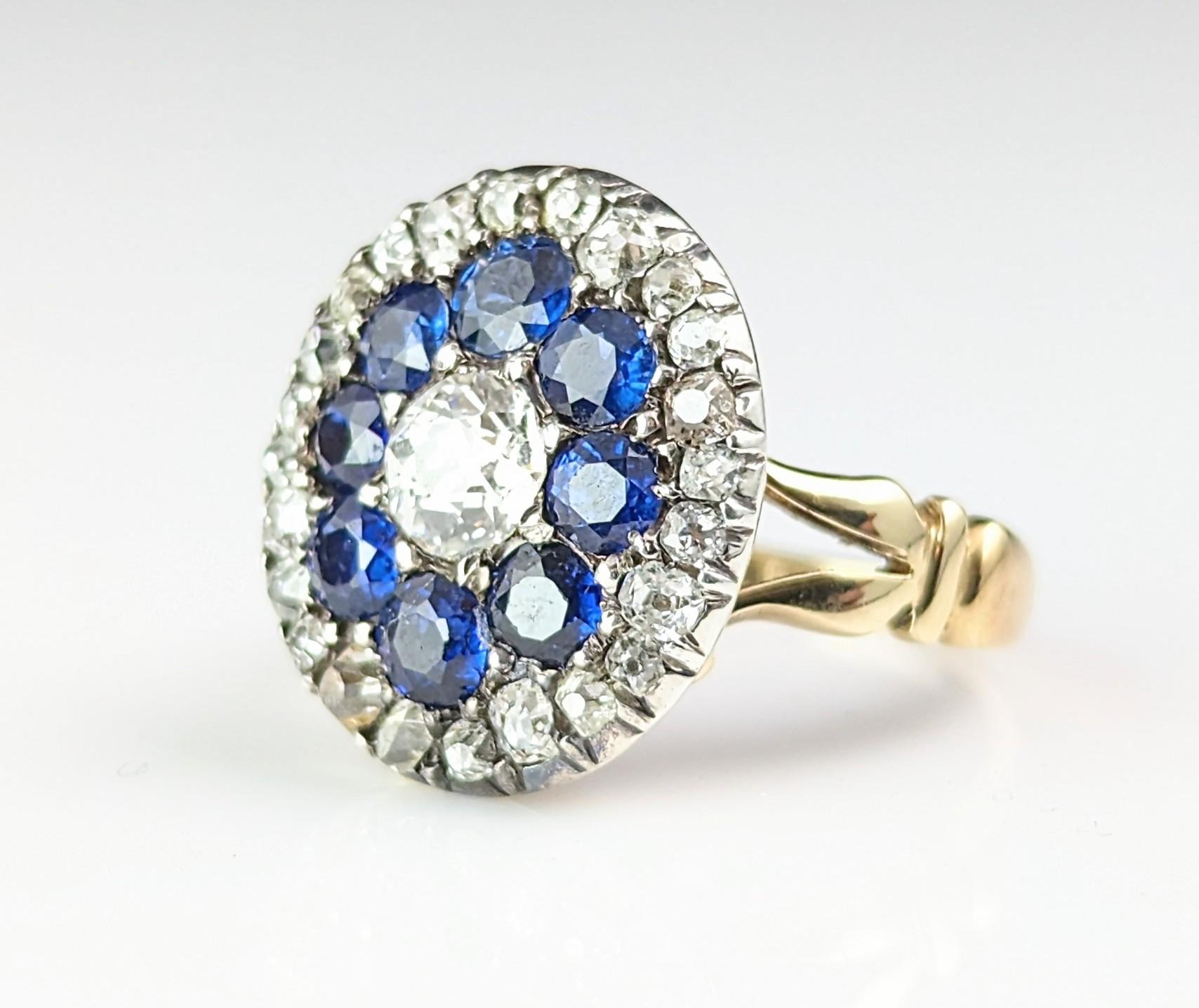 Antique Sapphire and Diamond halo ring, 9k gold, Edwardian  For Sale 7