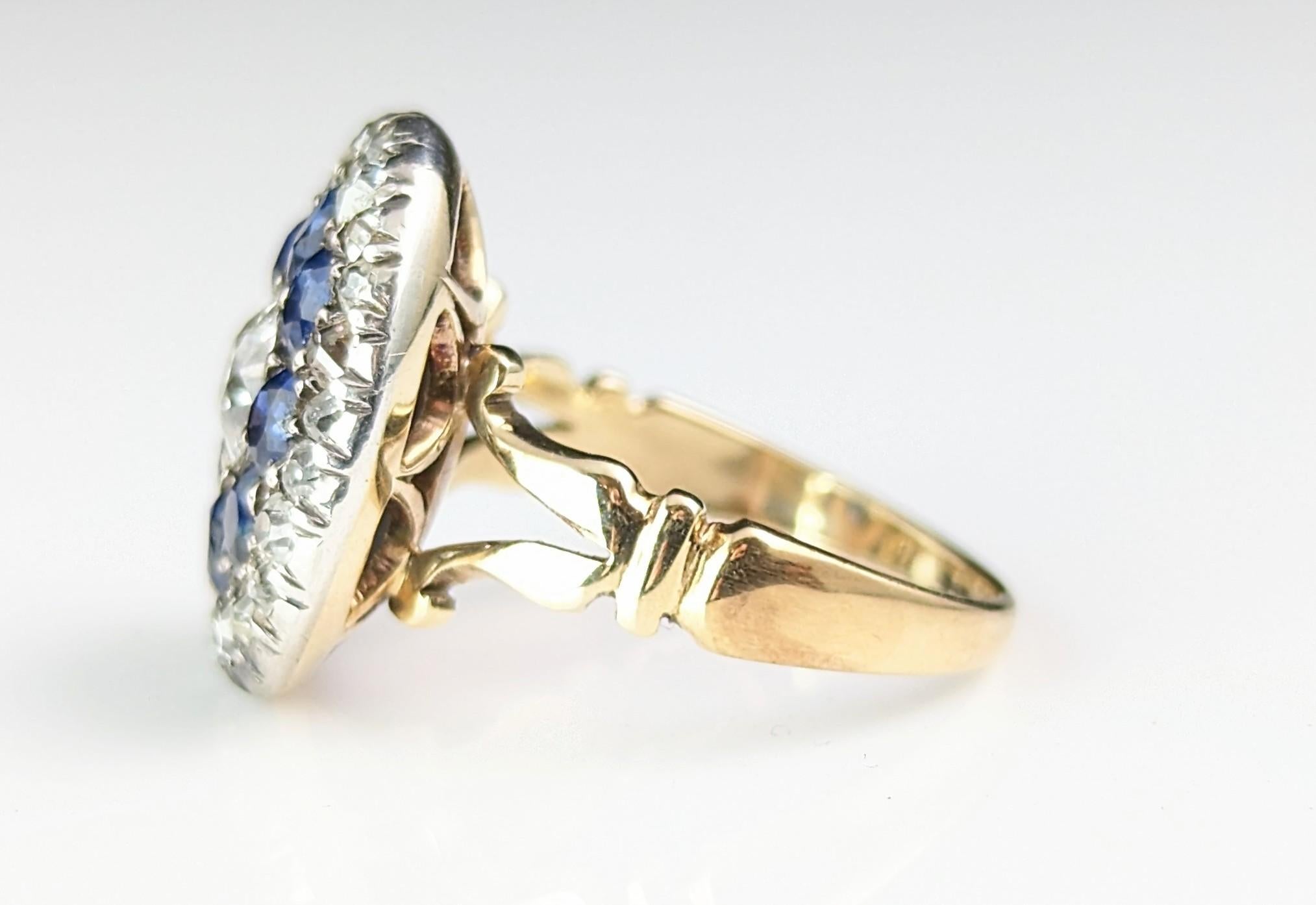 Antique Sapphire and Diamond halo ring, 9k gold, Edwardian  For Sale 9