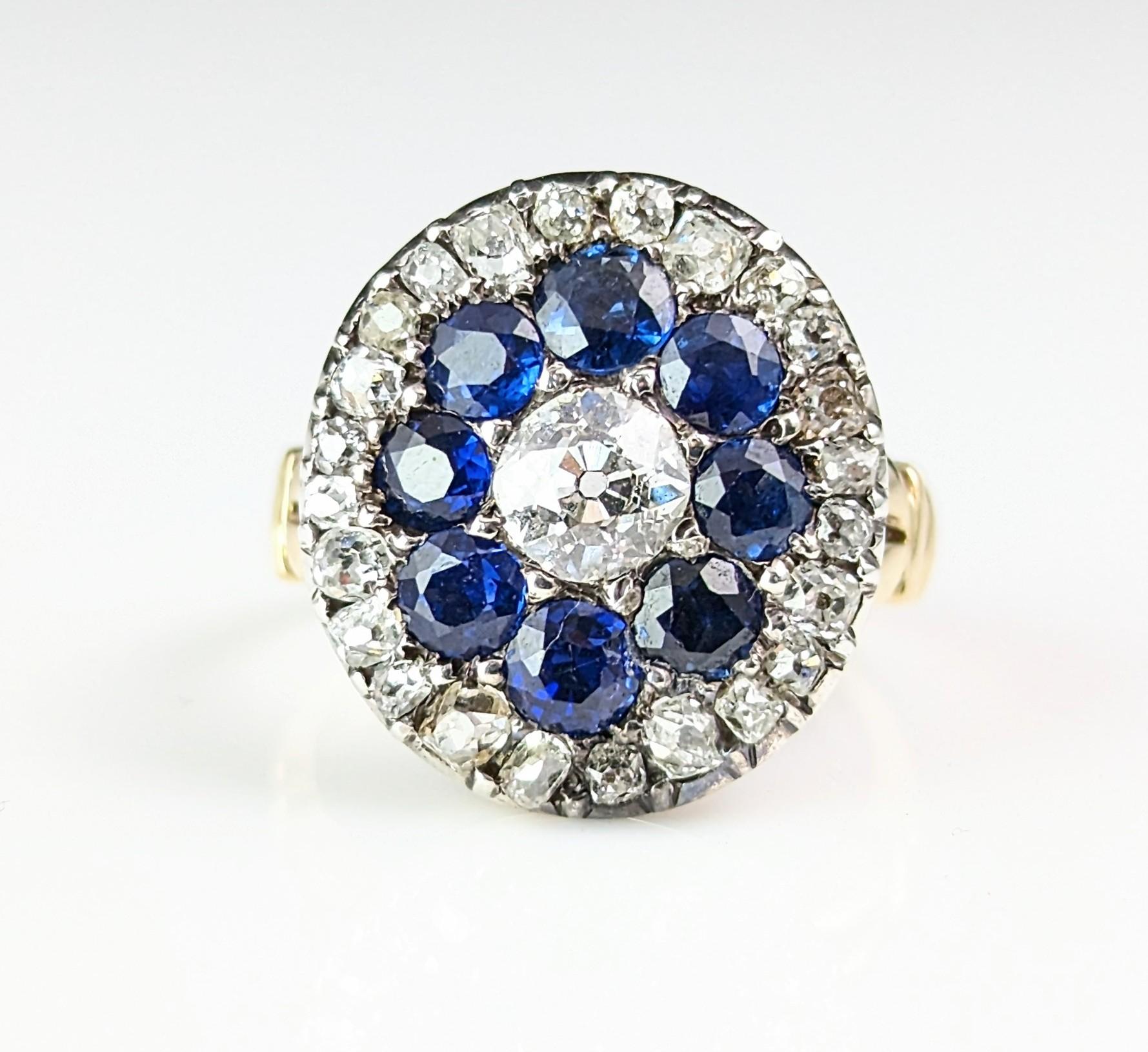 Antique Sapphire and Diamond halo ring, 9k gold, Edwardian  For Sale 11