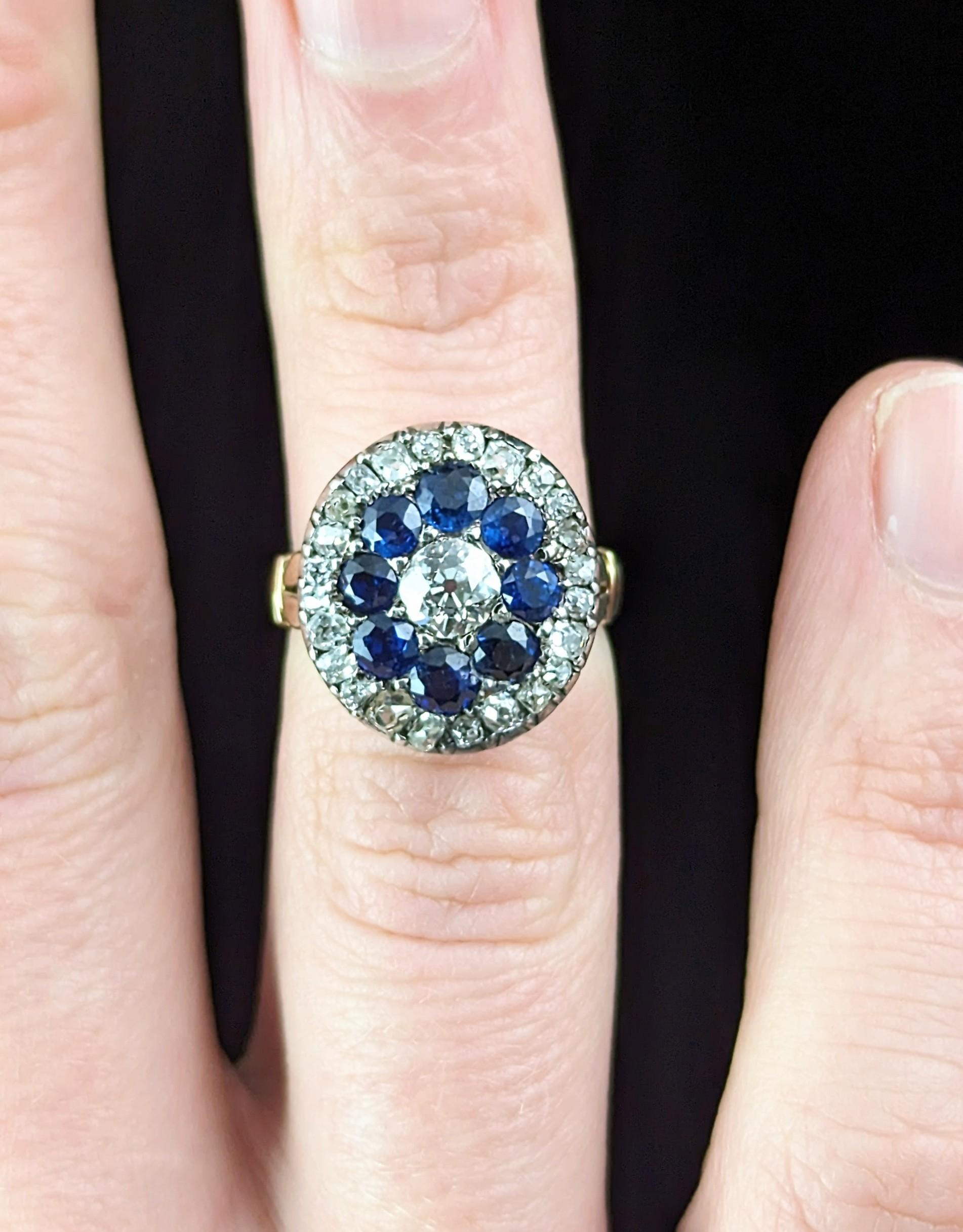 Old European Cut Antique Sapphire and Diamond halo ring, 9k gold, Edwardian  For Sale
