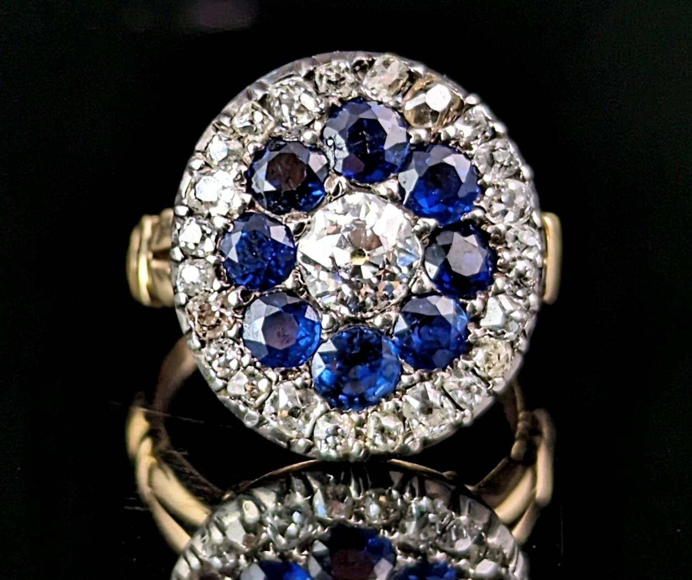Antique Sapphire and Diamond halo ring, 9k gold, Edwardian  For Sale 2