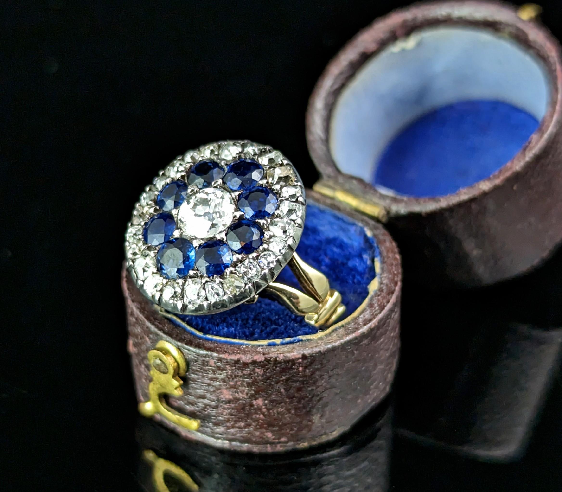 Antique Sapphire and Diamond halo ring, 9k gold, Edwardian  For Sale 3