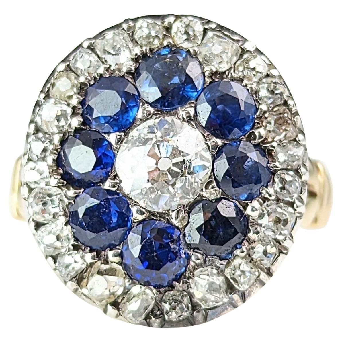 Antique Sapphire and Diamond halo ring, 9k gold, Edwardian