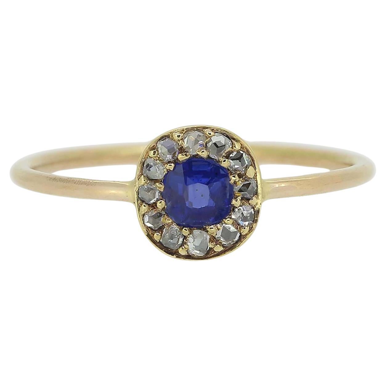 Antique Sapphire and Diamond Halo Ring For Sale