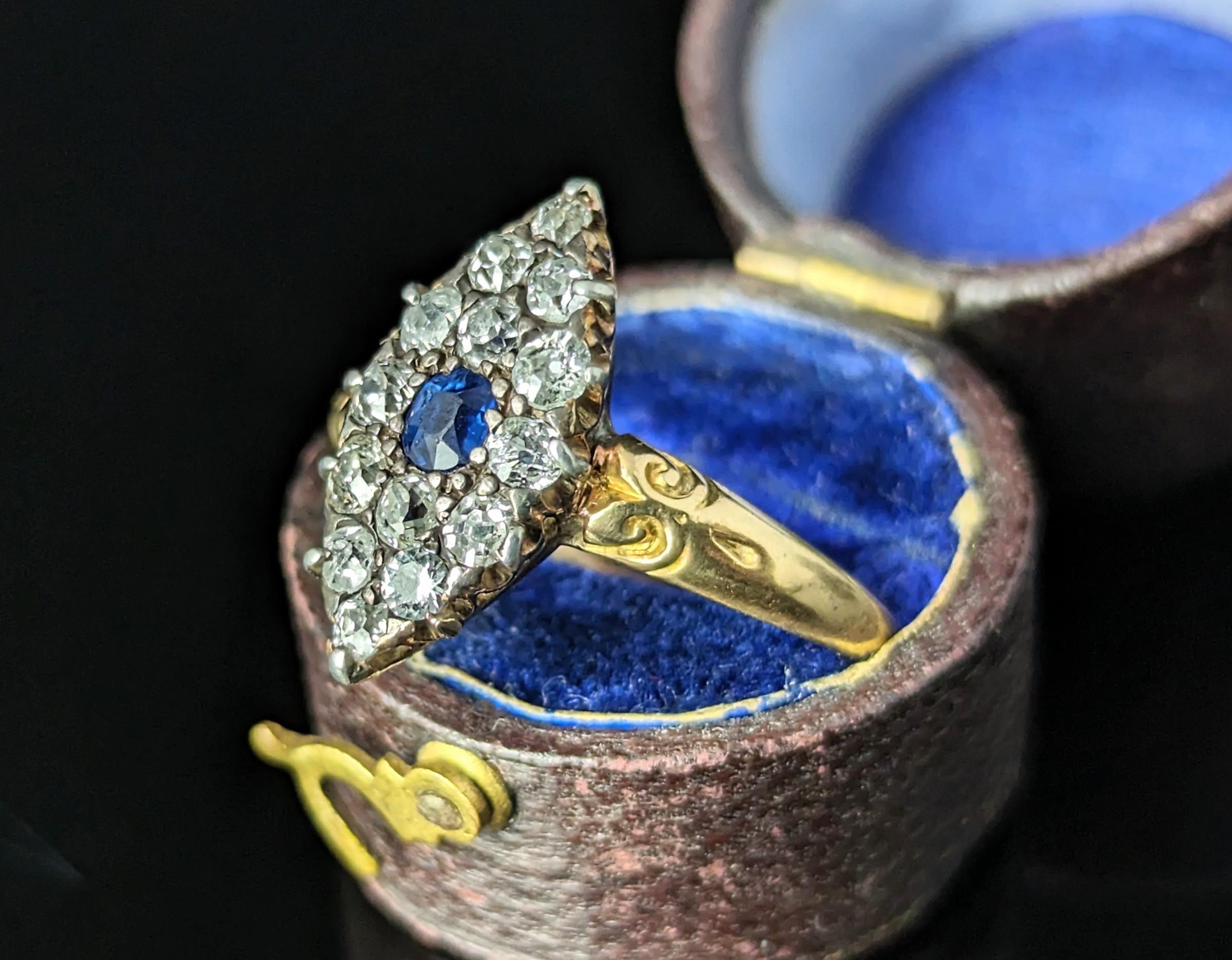 Antique Sapphire and Diamond navette ring, 18k gold, Victorian  For Sale 11
