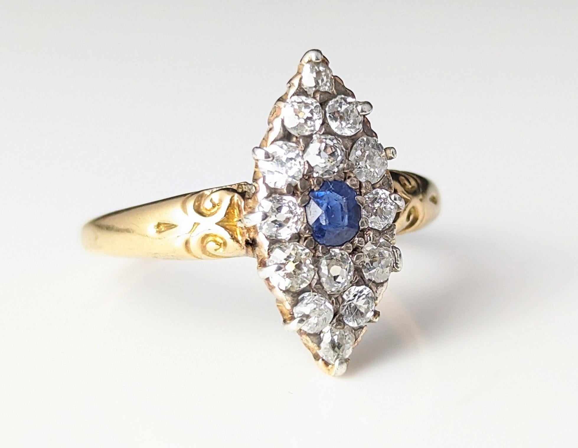 Antique Sapphire and Diamond navette ring, 18k gold, Victorian  For Sale 13
