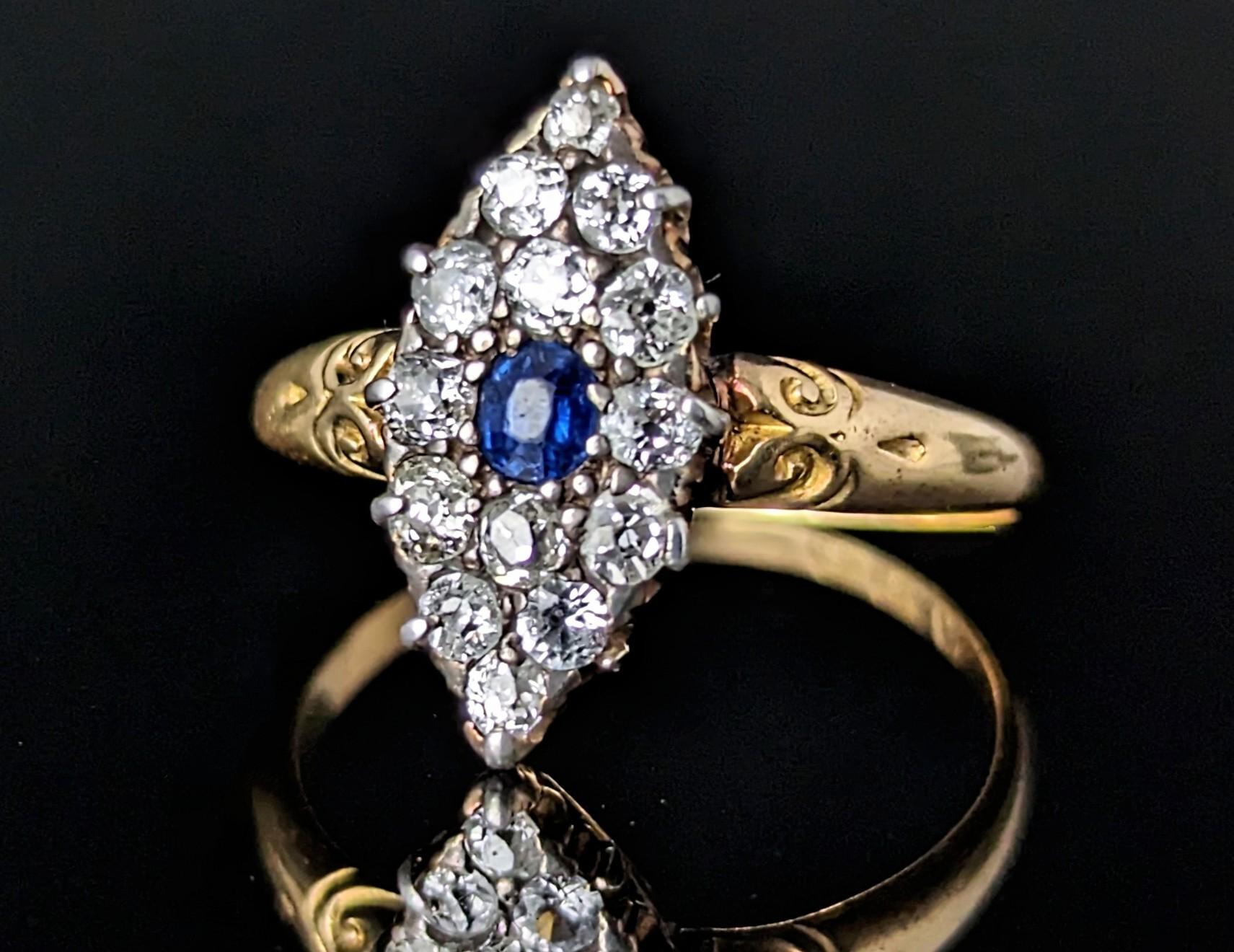 Old Mine Cut Antique Sapphire and Diamond navette ring, 18k gold, Victorian  For Sale