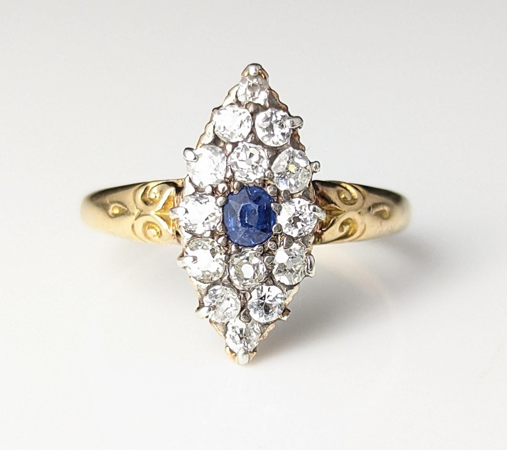 Antique Sapphire and Diamond navette ring, 18k gold, Victorian  For Sale 1