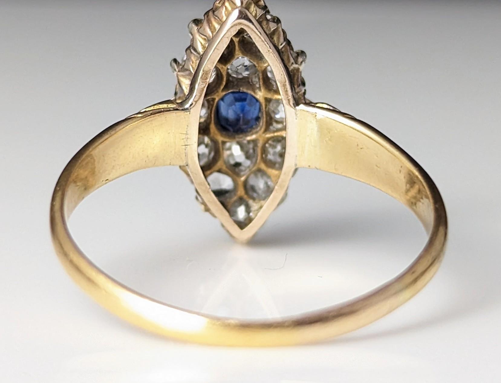 Antique Sapphire and Diamond navette ring, 18k gold, Victorian  For Sale 3