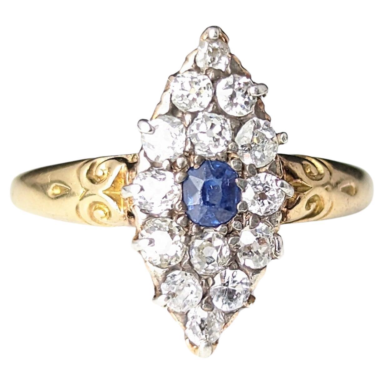 Antique Sapphire and Diamond navette ring, 18k gold, Victorian  For Sale