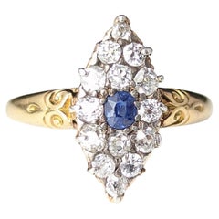 Antique Sapphire and Diamond navette ring, 18k gold, Victorian 