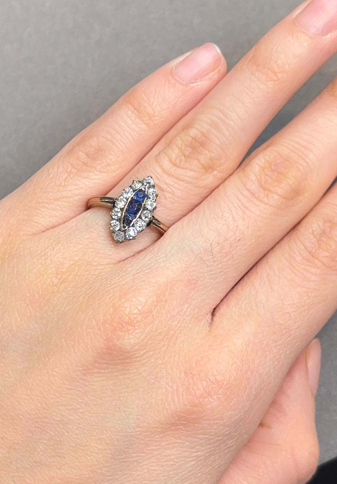 Antique Sapphire and Diamond Navette Ring

A yellow gold navette ring set with round-cut sapphires and diamonds. 

Approximate Sapphire Weight: .20 carat
Approximate antique cut Diamond Weight: .70 carats
Made cirac 1900

Ring Size: