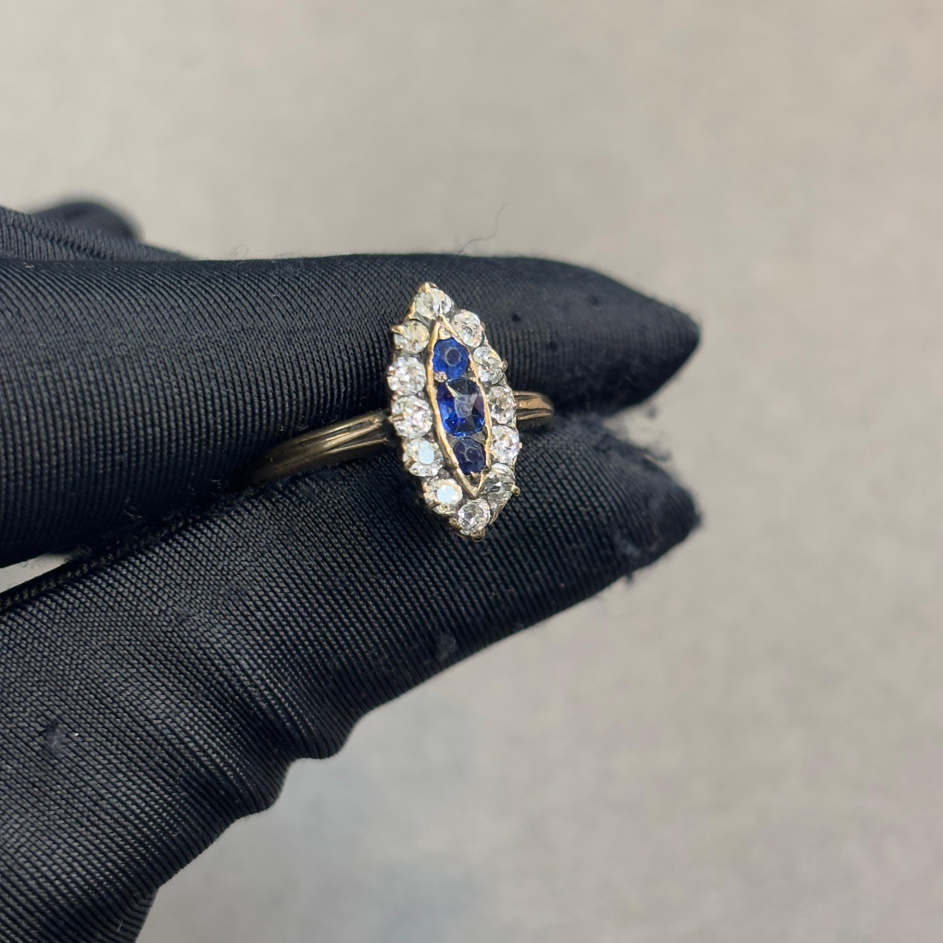 Victorian Antique Sapphire and Diamond Navette Ring For Sale
