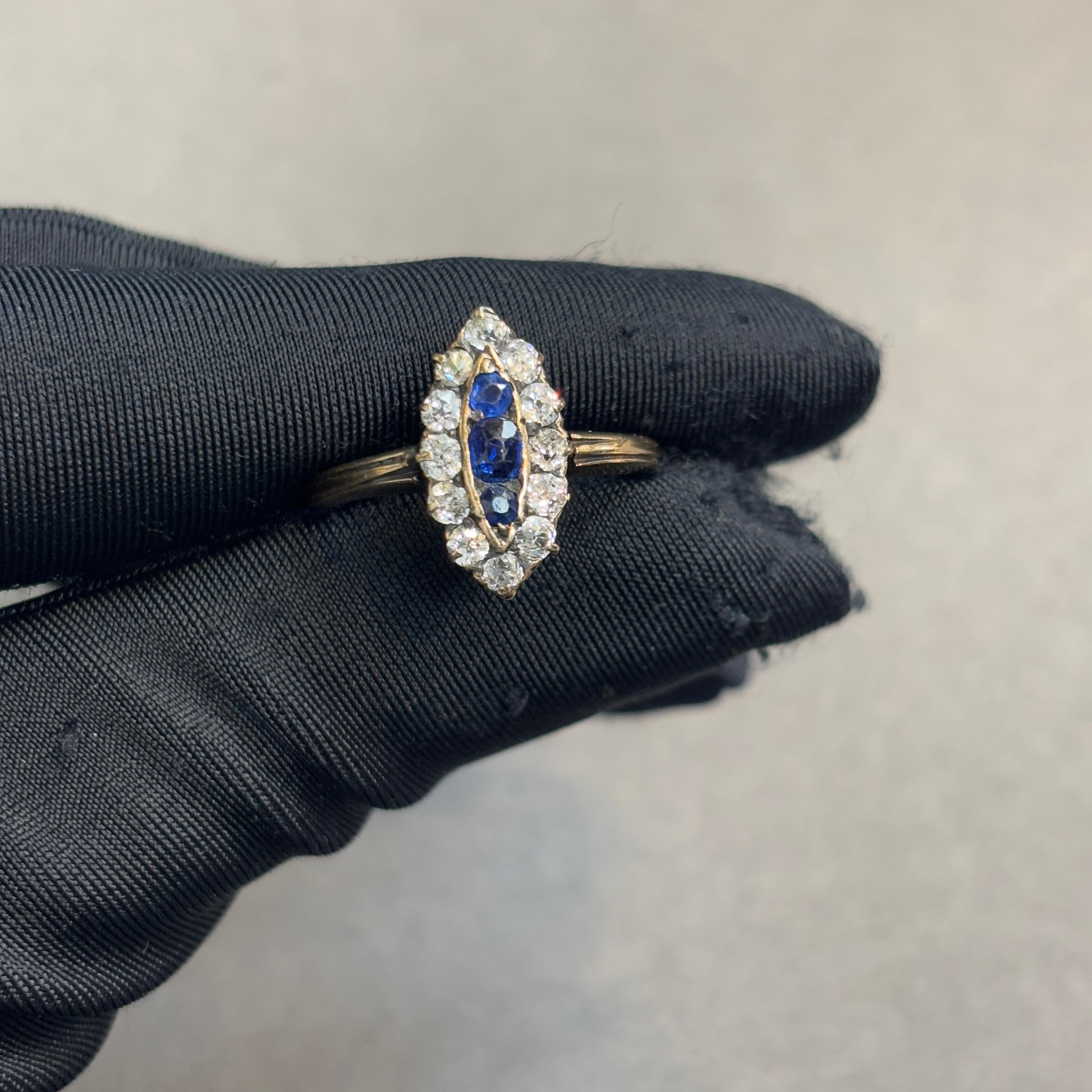 Round Cut Antique Sapphire and Diamond Navette Ring For Sale