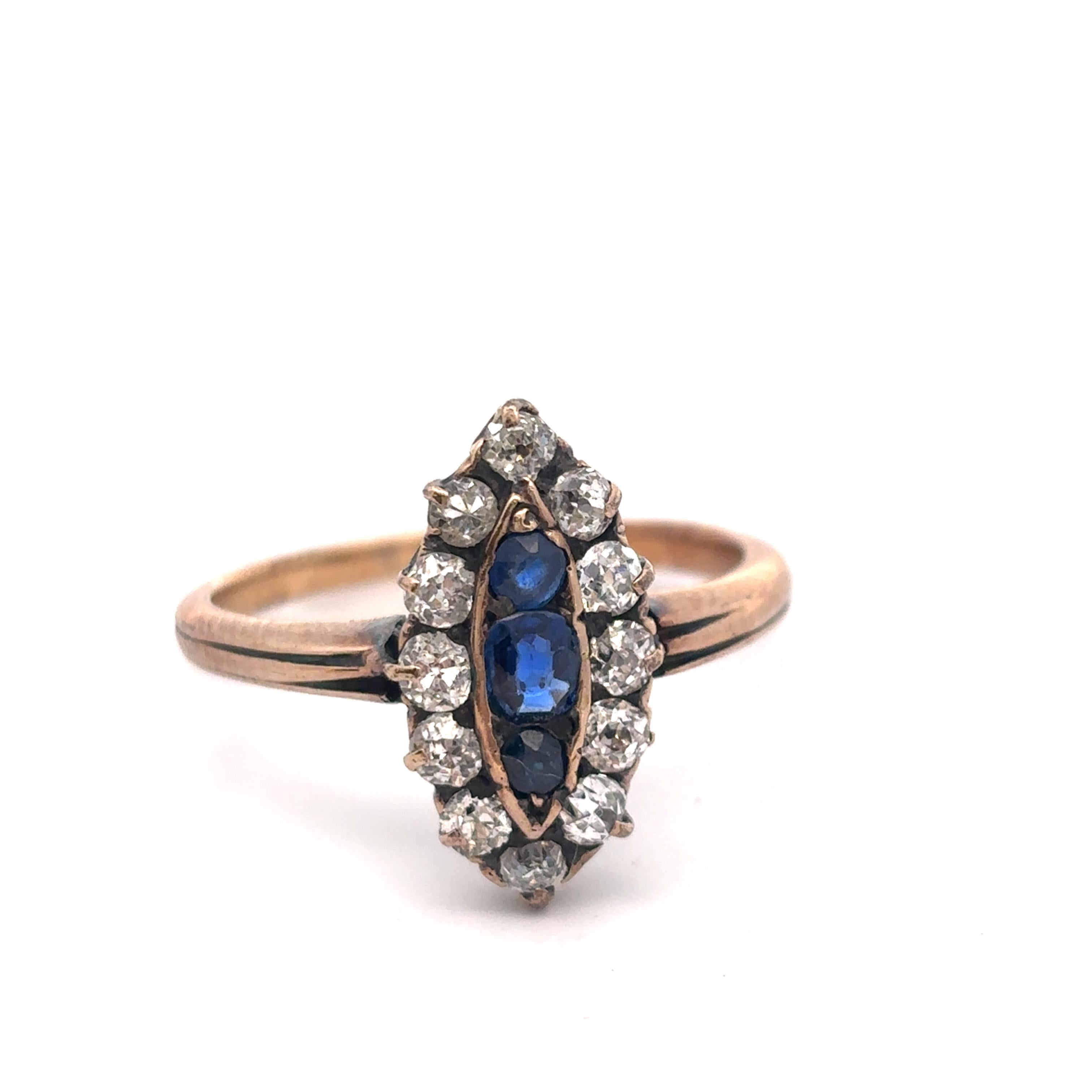 Women's Antique Sapphire and Diamond Navette Ring For Sale