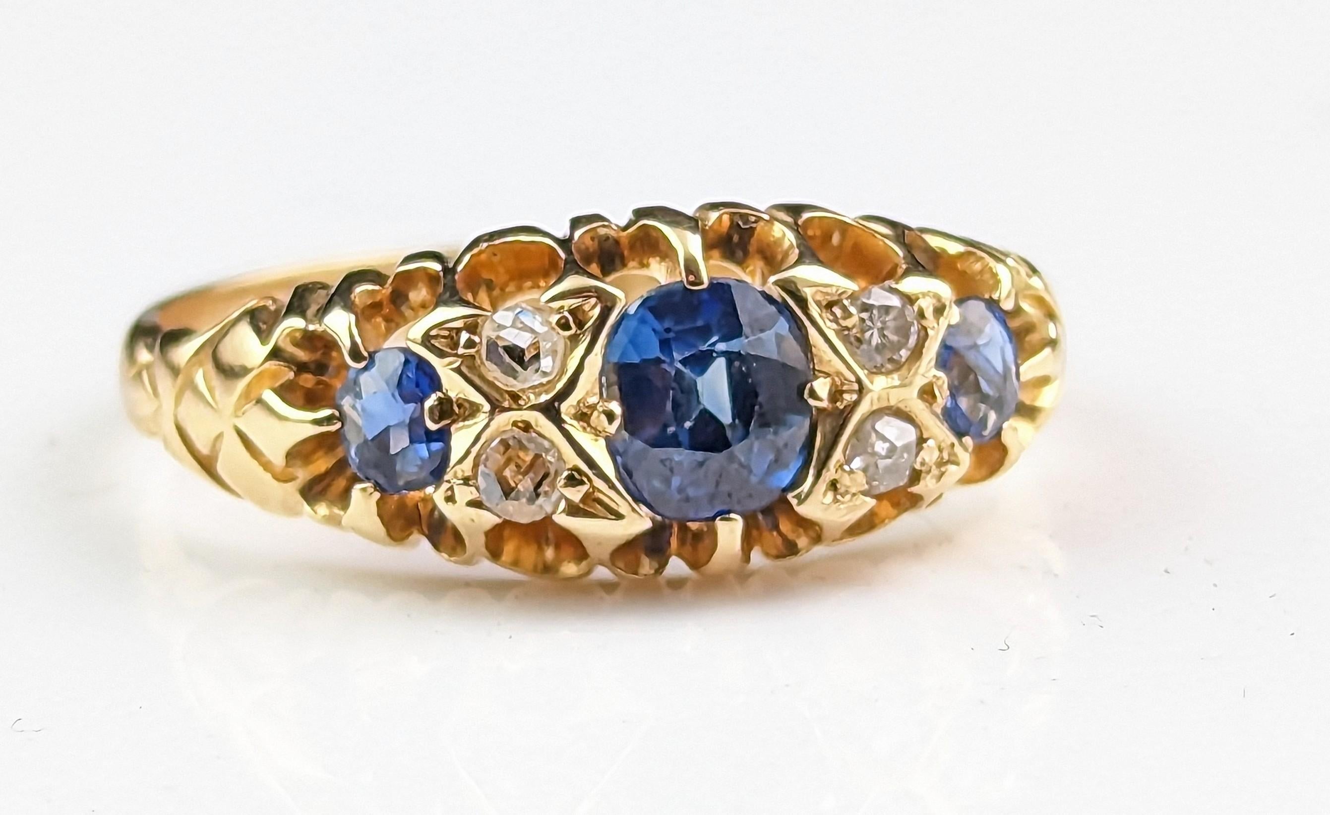 Antique Sapphire and Diamond Ring, 18k Yellow Gold, Victorian 4