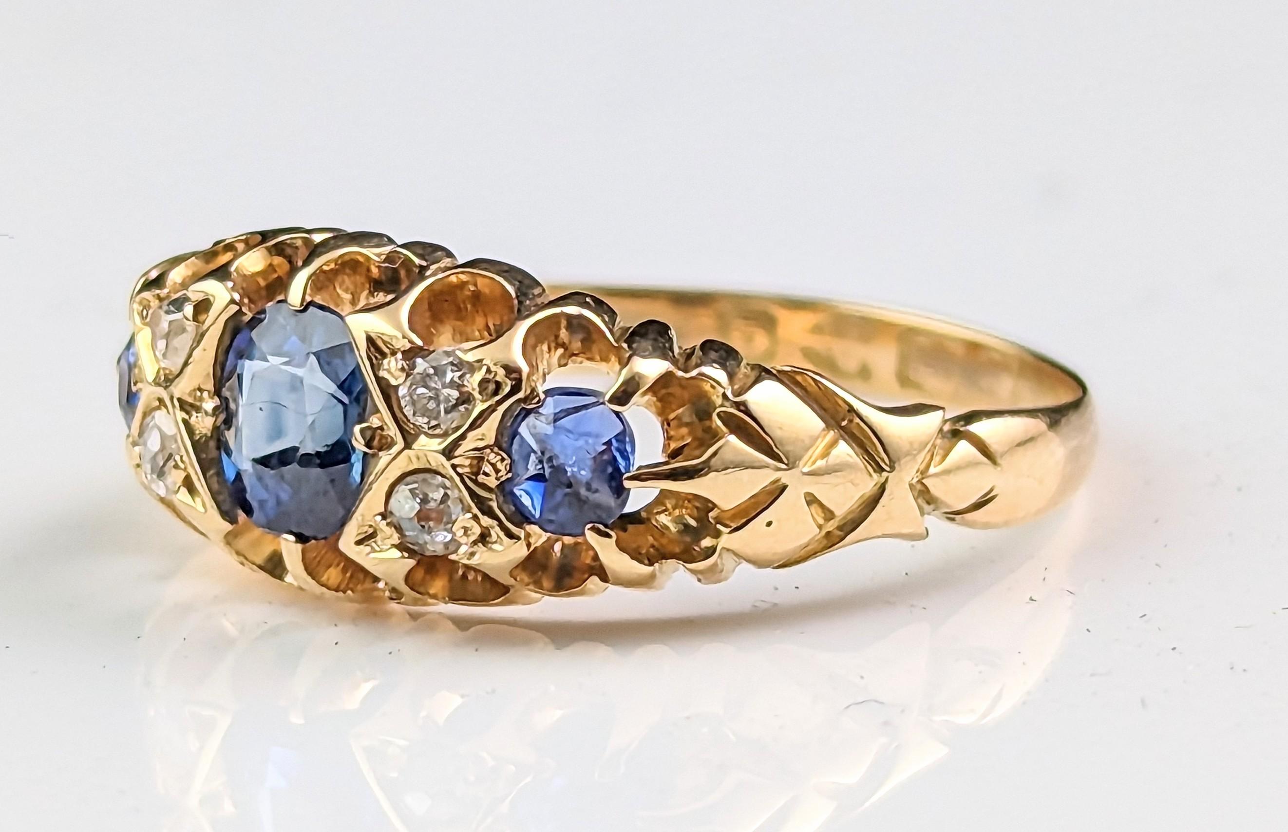Antique Sapphire and Diamond Ring, 18k Yellow Gold, Victorian 6
